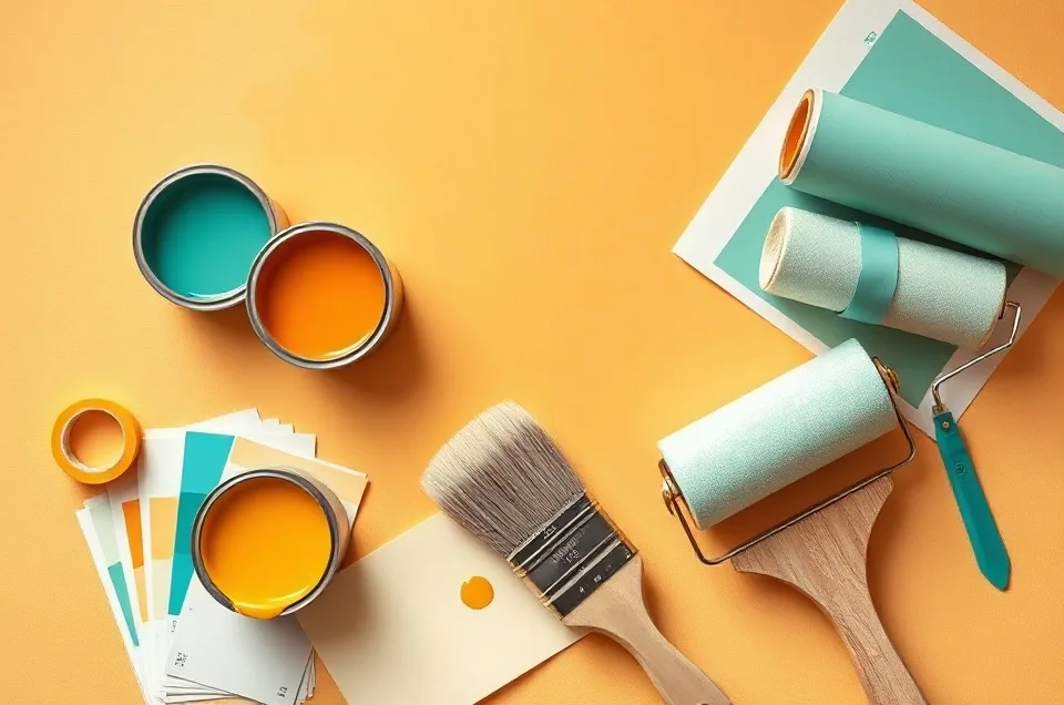 Pots de peinture, nuancier, brosses et rouleaux disposés à plat