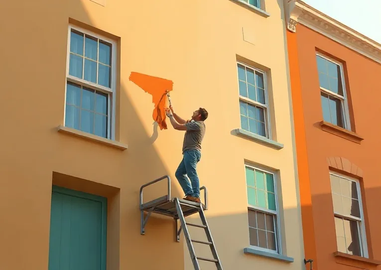Peintre sur échafaudage traitant la façade d'une maison