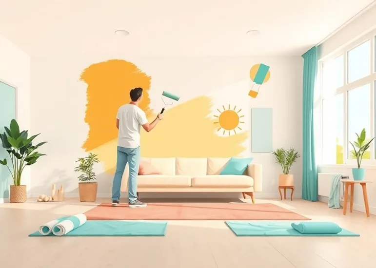 Peintre appliquant la peinture au rouleau sur un mur de salon